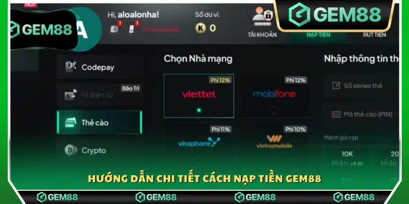 Quy trình cụ thể từng bước để nạp tiền Gem88